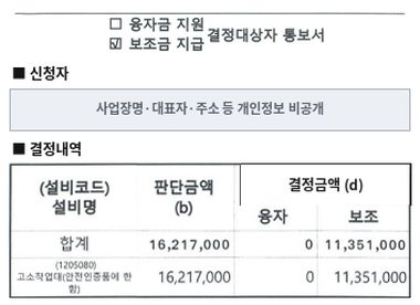 고소작업대 (안전인증품) 보조금 지급 결정통보서