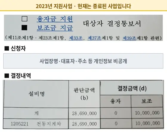 전동지게차 2023년 보조금 지급 결정통보서 (현재 종료된 사업)