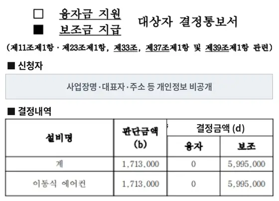 이동식 에어컨 5대 보조금 지급 결정통보서