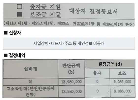고소작업대 (안전인증품) 보조금 지급 결정통보서