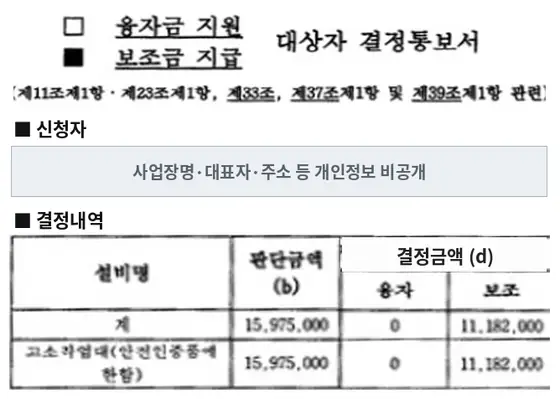 고소작업대 보조금 지급 결정통보서