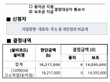 고소작업대 (끼임방지) 보조금 지급 결정통보서