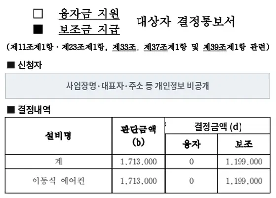 이동식 에어컨 보조금 지급 결정통보서